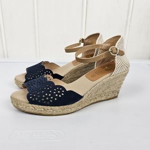 Kanna Perforated Navy Blue Suede Espadrille Wedge Sandals Women's 8